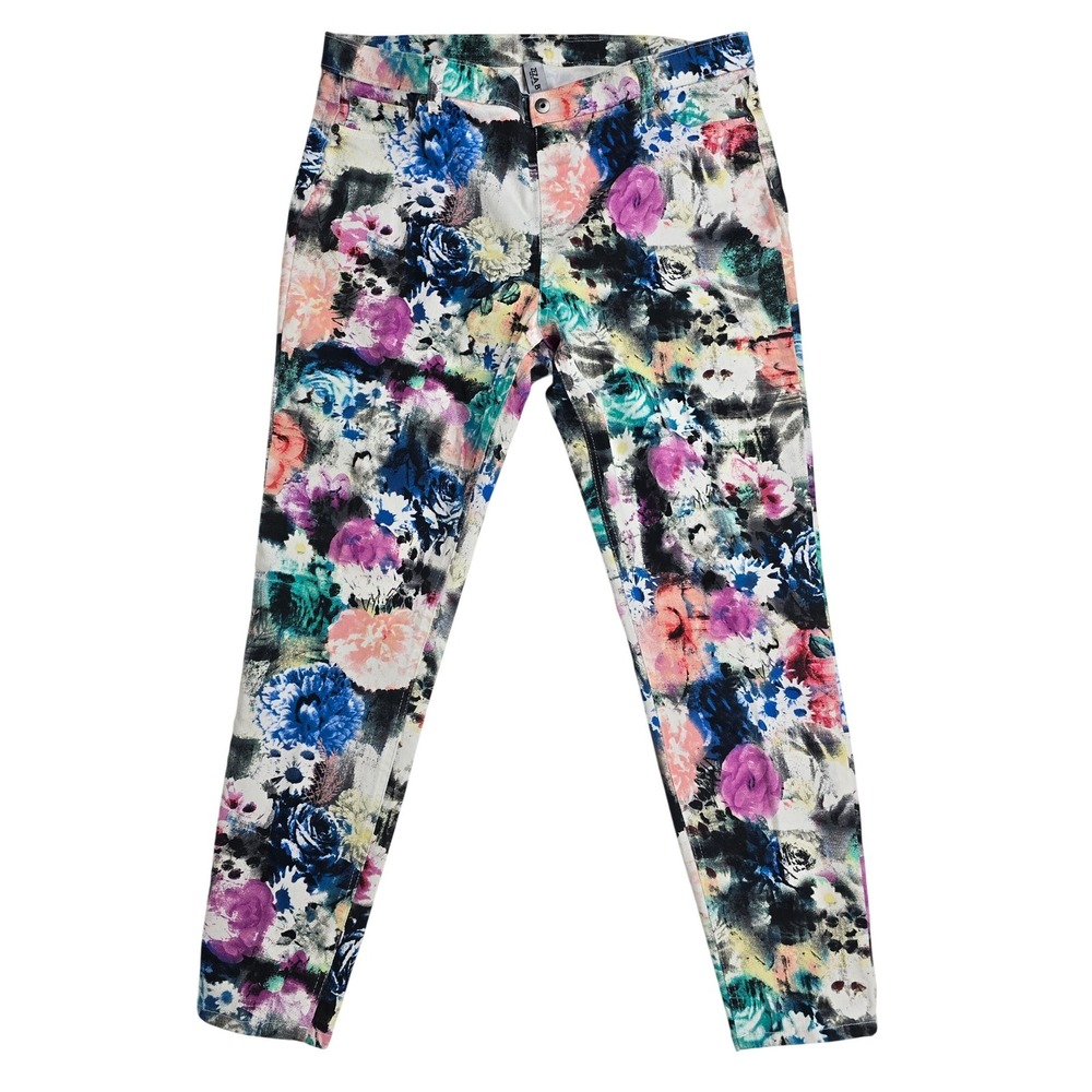 Zeza B Floral Womens Print Mid Rise‎ Pants XL Multi Color Stretch Cotton Blend